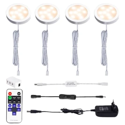 Immagine di AIBOO LED Luce Sottopensile Cucina Dimmerabile con Telecomando RF Wireless, Illuminazione A da Incasso per Armadio, EUR Spina, 4 Luci Display, 12V 8W Under Vetrine(Bianca Calda 2700K)