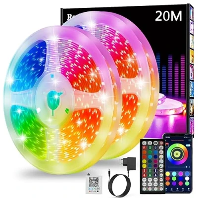 Immagine di Realky Striscia LED 20M, Luci Cambia Colore, APP Bluetooth e Telecomando a 44 tasti, Sincronizzazione musica timer, Decorazione strisce per camera da Letto, Feste (10M*2)