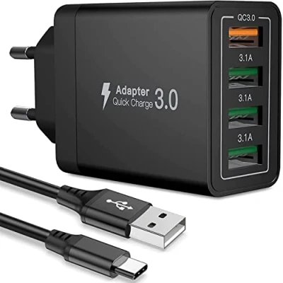 Immagine di Caricabatterie USB a 4 porte, ricarica rapida QC 3.0 + 3 A, con cavo universale TYPE C, caricatore multi compatibile telefoni, tablet, fotocamere, console di gioco e altri dispositivi