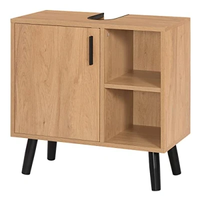Immagine di EUGAD Mobile per Bagno Salvaspazio, Mobiletto Sottolavabo, Armadietto da Terra con Porta e 2 Ripiani a Giorno, Gambe Rialzate, in Truciolare Metallo, L60xP30xH60,5cm
