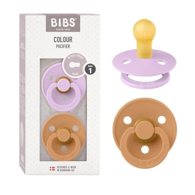 Immagine di BIBS Colour Ciuccio confezione da 2 pezzi. Privo di BPA, Tettarella tonda. Lattice gomma naturale, Prodotto in Danimarca, Taglia 1 (0 6 mesi), Violet Sky/Pumpkin