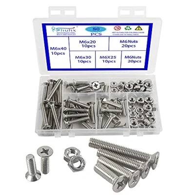 Immagine di Rshuhx 80PCS M6 Vite e Dado Acciaio Inox 304 a Testa Svasata Piana Croce Filettatura Completa Bullone Meccanico Kit di Assemblaggio Dispositivi Fissaggio