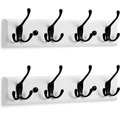 Immagine di LARHN Appendiabiti da Parete Bianco (2 u.) 4 Ganci Tripli in Nero 42 cm Attaccapanni Muro Moderno Legno per Ingresso, Cameretta e Bagno