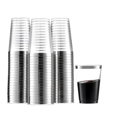 Immagine di DECORLINE Bicchieri di plastica riutilizzabili Set da 50 pezzi 280 ml infrangibili, senza BPA Ideale per cocktail, acqua, vino rosso e bianco Trasparente con bordo Argento
