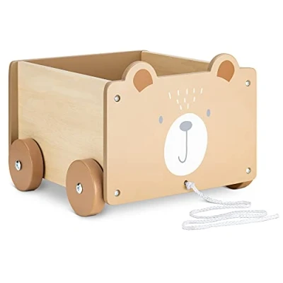 Immagine di Navaris Cesta Portagiochi Bambini con Ruote Contenitore Porta Giocattoli in Legno Toys Box Rettangolare Giochi Bimbi 5,5l Design Orso Marrone