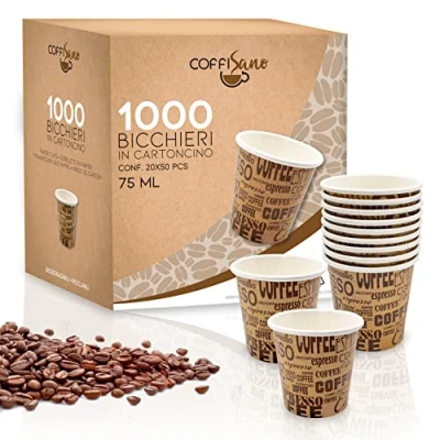 Immagine di COFFISANO 1000 pz Bicchierini Caffè di Carta Monouso per Ufficio Asporto Bar Marroni Ecologici Compostabili Assortiti Bicchieri Usa e Getta Bevande Calde Espresso Tè The Cioccolata 75 ml