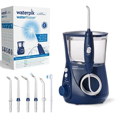 Immagine di Waterpik Idropulsore Dentale Ultra Professional con 7 Testine e Sistema Avanzato di Controllo della Pressione 10 Impostazioni, Strumento Rimozione Placca Dentale, Blu(WP 663EU)