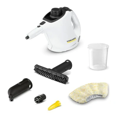 Immagine di Kärcher Pulitore a Vapore SC 1 VERSIONE BIANCA Tempo riscaldamento 3 min, Potenza 1200W, Area di lavoro 20 m², Serbatoio 200 ml, Incl. 2 Ugelli, Bocchetta manuale e Spazzolina tonda