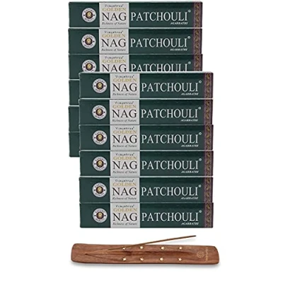 Immagine di Vijayshree Golden Nag Series bastoncini di incenso Masala Agarbathi, confezione da 12 pezzi, 180 g, con supporto per Patchouli
