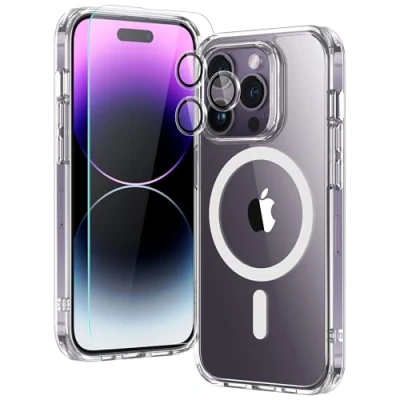 Immagine di ESR Set di custodie per iPhone 14 Pro, 1 Protezione lo schermo in vetro temperato e protezioni le lenti, Anti ingiallimento antigraffio, MagSafe, serie Classic, Trasparente