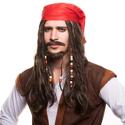 Immagine di Parrucca da pirata (parrucca pirata) con perle e bandana rossa per un costume perfetto in maschera a carnevale