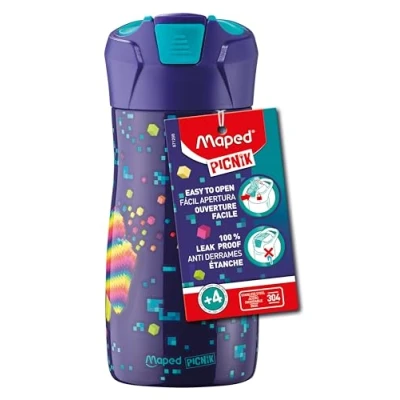Immagine di Maped Picnik Borraccia per bambini con sistema di pipette, impermeabile, facile apertura bottone, corpo in acciaio inossidabile, Pixel Party 430 ml