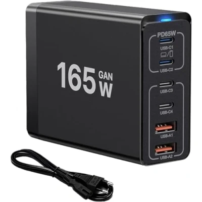 Immagine di Caricatore multiplo USB C, 165W 【4USB C + 2USB A】 PD, ricarica a 6 porte, compatibile con iPhone/Samsung/Google/Xiaomi/laptop/tablet e altri dispositivi