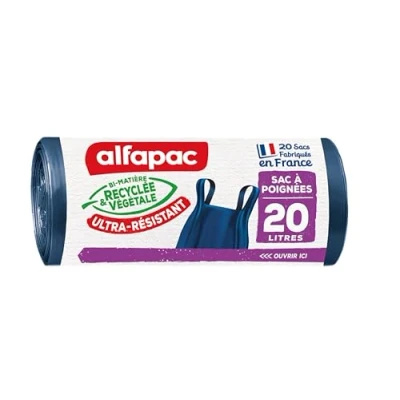 Immagine di Alfapac 20 Sacchetti per la Spazzatura l, con Manici Resistenti, Realizzati in Francia Bimateriale Riciclato e vegetale