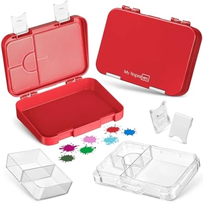 Immagine di My Vesperbox Contenitore porta pranzo per bambini, con 4 + 2 scomparti, estremamente robusto, ideale l&#039;asilo e la scuola (colore rosso bianco)