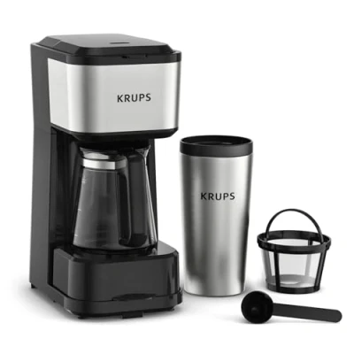 Immagine di Krups Simply Brew Caffettiera con filtro 3 in 1, opzioni di erogazione, Caffè Americano, caraffa vetro resistente al calore, tazza da viaggio acciaio inossidabile a doppia parete, KM207D