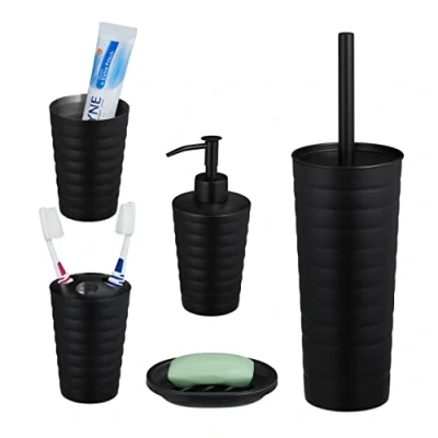 Immagine di Relaxdays Bagno Completo 5 Accessori, Acciaio Inox Spazzolato, Scopino WC, Portaspazzolino, Sapone e Saponetta, Nero, Set da 1