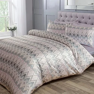 Immagine di Sleepdown Just Contempo Set copripiumino per letto matrimoniale con federe, motivo a zig zag, righe geometriche, colore: Rosa e grigio