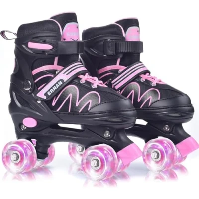 Immagine di ERNAN pattini a Rotelle regolabili. patini bambini 4 ruote luminosi per ragazze e ragazzi. Comodi ideali principianti (Pink, L)