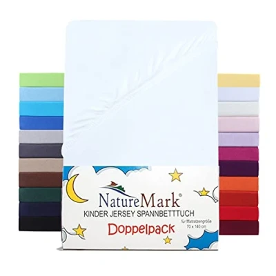 Immagine di NatureMark Set di 2 lenzuola con angoli elasticizzati in jersey, 100% cotone, per lettino e lettino, 70 x 140 cm, colore bianco