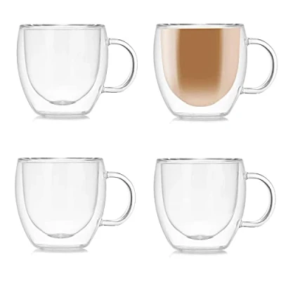 Immagine di TUIHJA Set di 4 tazze da caffè in vetro a doppia parete con manico, per espresso, latte, cappuccino (150 ml)