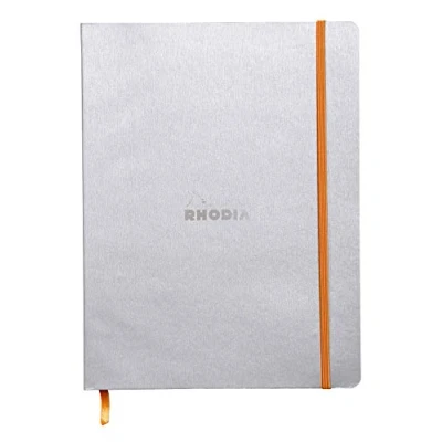 Immagine di Rhodia 117501C Taccuino morbido Rhodiarama, 19x25 cm, 160 pagine, a righe, carta Clairefontaine avorio 90 g / m², segnalibro, chiusura con elastico, copertina in similpelle argento