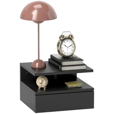 Immagine di HOMCOM Comodino Camera da Letto, Moderno Sospeso per Letto con Cassetto e Mensola Superiore in Legno, 35x32x22.5 cm, Nero