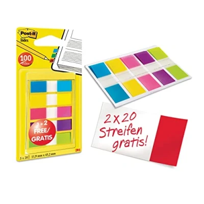 Immagine di Post it Index, piccolo, colori assortiti, 3 blocchi da 20 fogli + 2 gratis