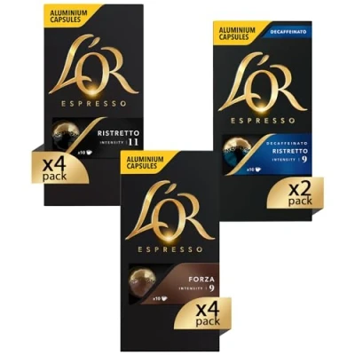 Immagine di L&#039;Or Capsule Caffè Espresso Confezione Mista Variety Pack Espressi in Alluminio Compatibili Nespresso®* original 10 Pacchetti [100 Capsule: 40 Ristretto, Forza, 20 Decaffeinato]