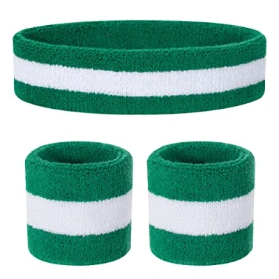 Immagine di ONUPGO Set di fasce per il sudore bambini, in cotone, sport, 1 fascia + 2 polsiere (verde/bianco/verde)