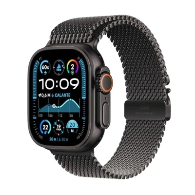 Immagine di Apple Watch Ultra 2 GPS + Cellular 49 mm Sportwatch con robusta cassa in titanio Nero e Loop maglia milanese Large. Fitness tracker, di precisione, luminoso display Retina
