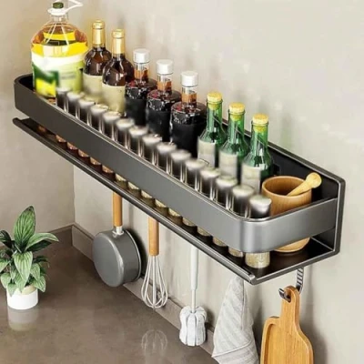 Immagine di XINWEIOZ Scaffale da Cucina con 5 Ganci Senza Foratura, portaspezie a Parete per spezie, Barra Appendere Utensili Cucina, e Bagno,40CM,B