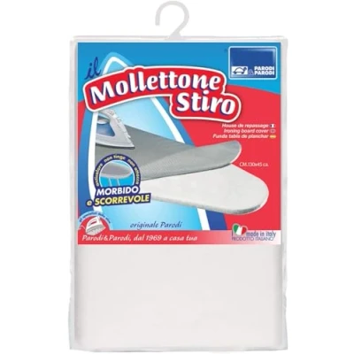 Immagine di PARODI &amp; Stiromega Mollettone Copriasse, Fodera per ASSE Poliestere con Bordo Elasticizzato, Copertura Anticalcare Tutte Le Assi Mobiletti da Stiro Metallizzato 130x45 cm, Cotone