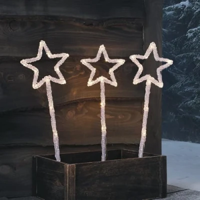 Immagine di Lights4fun Set di 3 Luci da Palo a Forma Stella in Acrilico 43 cm con 36 LED Bianco Pile Timer Decorazione Natalizia per Esterni