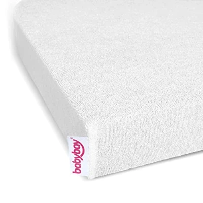 Immagine di lenzuolo con angoli babybay in spugna adatto per i modelli Maxi, Midi, Boxspring, Comfort e Plus, bianco, 89 x 50 cm (1 confezione)
