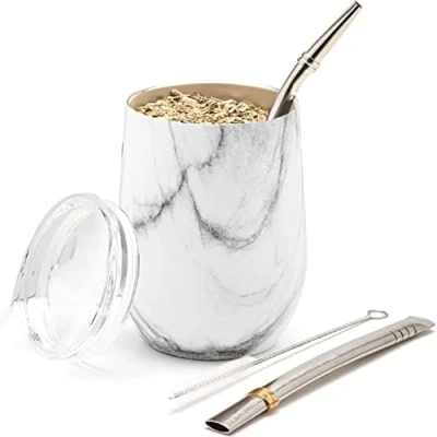 Immagine di BALIBETOV Mate Argentino Set Yerba (Tazza Mate) Acciaio Inossidabile 18/8 a Doppia Parete Include Due Bombilla e Una Spazzola per la Pulizia Autentico