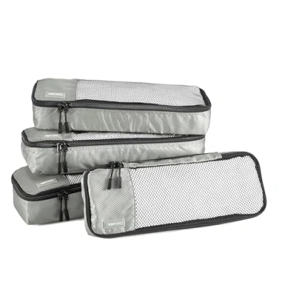 Immagine di Amazon Basics Organizer da Viaggio Salvaspazio per Valigie, con Cerniera, Set 4 Pezzi, Sottile, Grigio