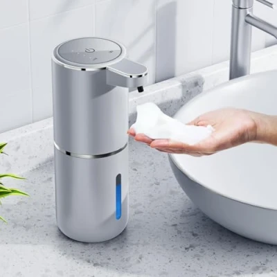 Immagine di Dispenser di sapone automatico, 380 ml, fissaggio a parete, senza contatto, con sensore, ricaricabile, USB, per bagno, cucina, ufficio, argento