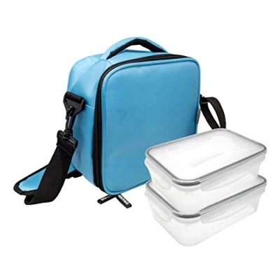 Immagine di NERTHUS FIH 689 Borsa Termica portalimenti con Cinghia e Due Tasche: Blu + 2 contenitori ermetici di plastica da 1 litro 0,5 Litri, ermetica Pieghevole