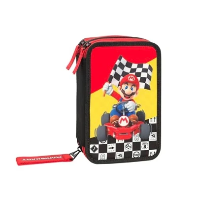 Immagine di Mario KART Astuccio Scuola Ufficiale Kart, 3 Scomparti Bambino e Bambina con Set Cancelleria, Penna Cancellabile Blu Frixion Pratica Chiusura a Zip, 20x13Hx7 cm