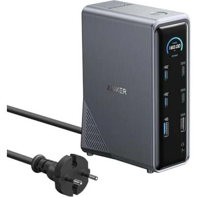 Immagine di Stazione di ricarica Anker Prime con 14 porte da 160W max, trasferimento dati rapido 10Gbps, display intelligente, audio e Ethernet, doppio monitor 4K, per MacBook, Dell, telefoni altro ancora