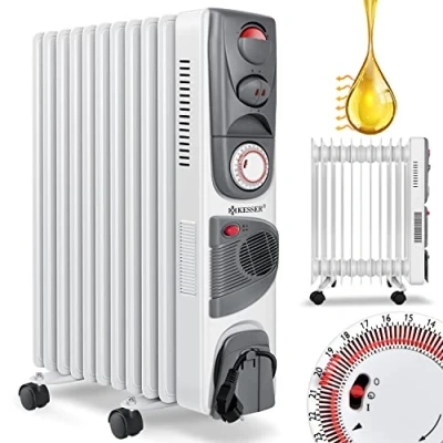 Immagine di KESSER® Radiatore a bagno d&#039;olio, riscaldamento elettrico, 11 costi/2500 W + ventilatore, riscaldatore mobile, timer, spegnimento automatico, bianco
