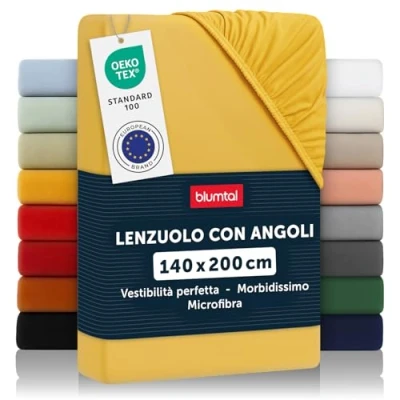 Immagine di Blumtal lenzuolo con angoli una piazza e mezza 140x200 cm pacco da 2 sotto in microfibre certificato Oekotex lenzuola giallo