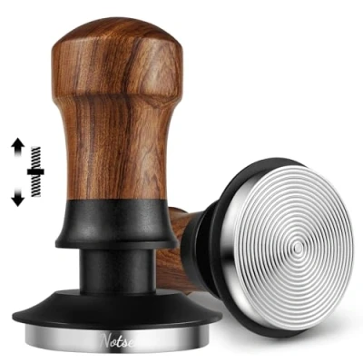 Immagine di NOTSEK Pressino per caffè da 51 mm, a molla, con base ondulata, in legno di noce acciaio inossidabile 304 portafiltro