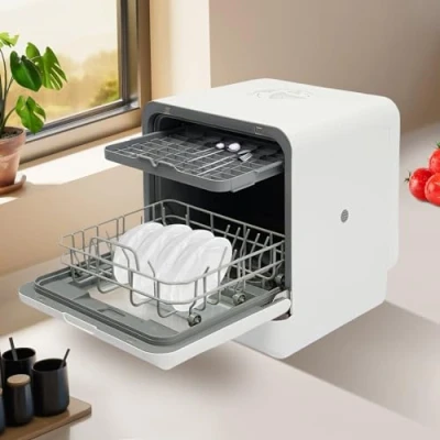 Immagine di lavastoviglie da tavolo Mini con/senza collegamento acqua, portatile con serbatoio dell&#039;acqua 6 l e 4 programmi, per appartamenti, campeggio, camper