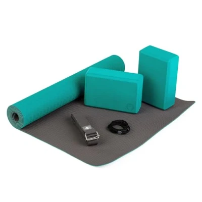 Immagine di Bodhi Set completo di base per yoga composto da: 1 tappetino da in TPE, 2 trucchi Eva (gommapiuma) e cinghia cotone principianti (petrolio)