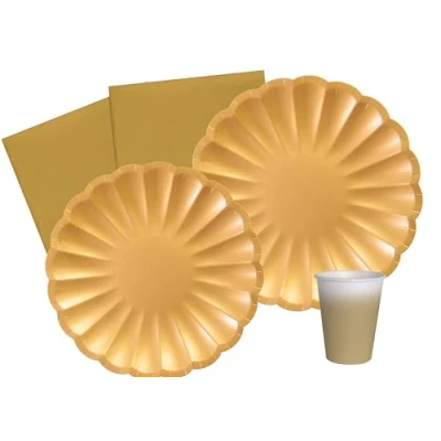 Immagine di Ciao Kit Party Tavola Flower Shape persone (112 pz Ø23cm, piatti Ø18cm, 24 bicchieri, 40 tovaglioli), oro carta compostabile eco friendly, AZ156