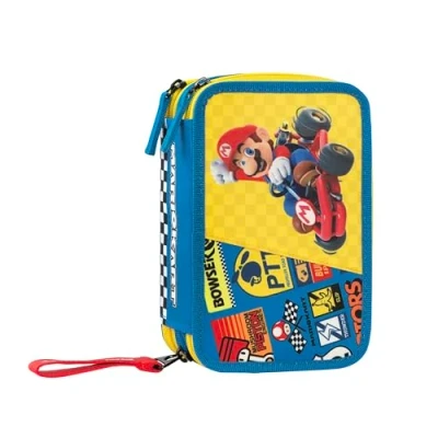 Immagine di Franco Cosimo Panini Mario KART Astuccio Scuola Ufficiale Kart, 3 Scomparti Bambino e Bambina con Set Cancelleria, Penna Cancellabile Blu Pratica Chiusura a Zip, 20x13Hx7 cm