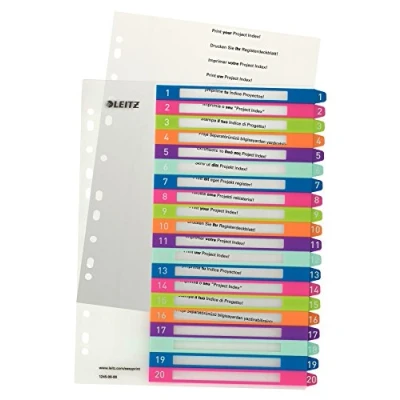 Immagine di Leitz Rubrica con Tasti 1 20, Stampabile Al Pc, Formato A4, Extra Largo, Polipropilene Robusto, Multicolore, Gamma Wow, 12450000