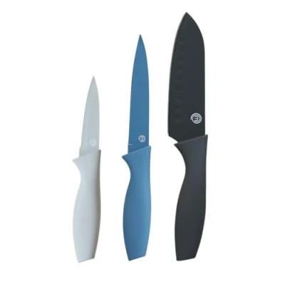 Immagine di MasterChef Coltelli da Cucina, Set Coltello Chef per Carne &amp; Verdure, Lama Affilato, Acciaio Inox, Prova di Calore, Manici Blu, Lavabile in Lavastoviglie, Professionali, 3 Pezzi Piccolo